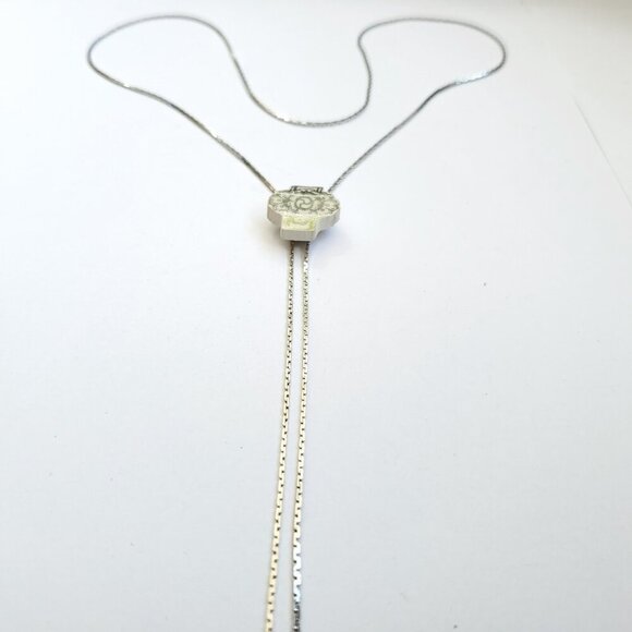 Bolo Lariat Necklace Floral Repurposed Ceramic Silvertone Cottagecore Y Drop - Picture 3 of 4